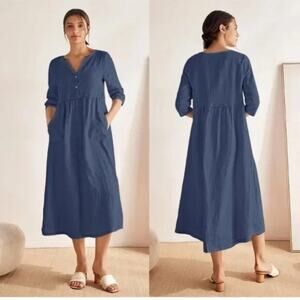 Lintico Linen Luna Dress Button Top Gathered Waist Navy Blue size XL